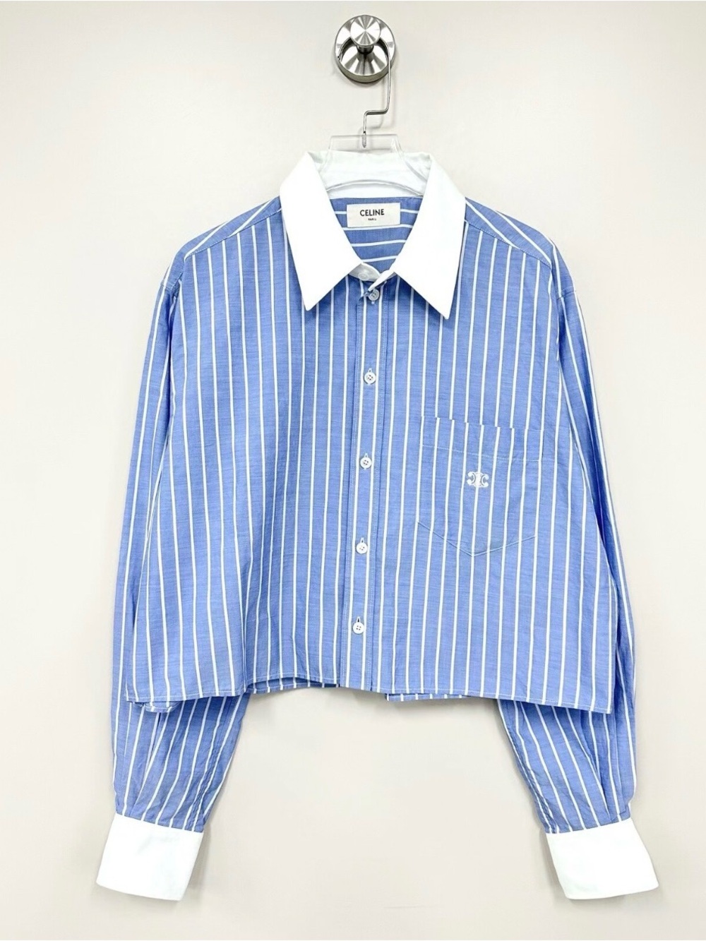 🚩steal Celine Blue and White Striped Cropped Button-Up Shirt